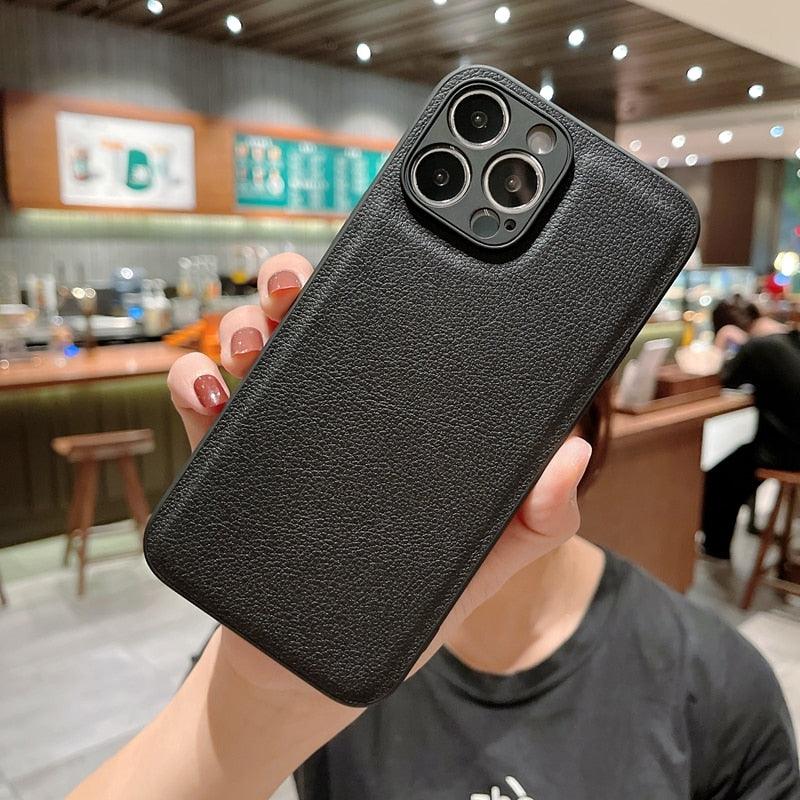 Étui en cuir mince et tendance avec protection intégrale, étui texturé en cuir de luxe pour iPhone 11 12 13, coque souple antichoc, étui en cuir compatible avec iPhone 12 13 Pro Max, étui de téléphone élégant