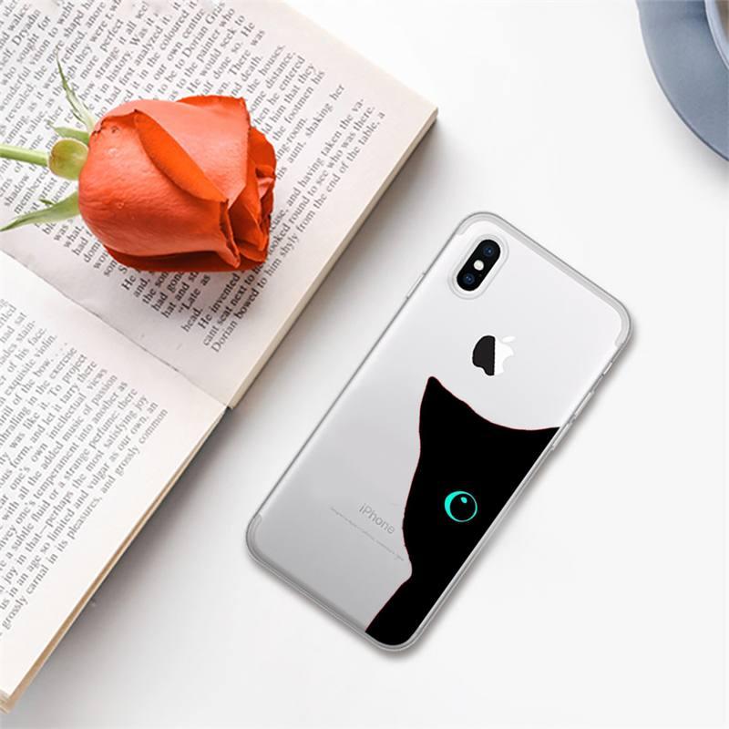 Coque de téléphone mignon chat noir pour iPhone 13 11 12 Pro XS MAX 8 7 6 6S Plus X 5S SE 2020 XR – Étui de téléphone antichoc souple, brillant et élégant avec un chat mignon