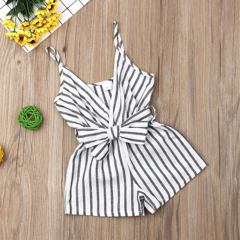 Barboteuse élégante moderne sans manches à rayures avec nœud et bretelles pour nouveau-né fille, tenue une pièce pour filles