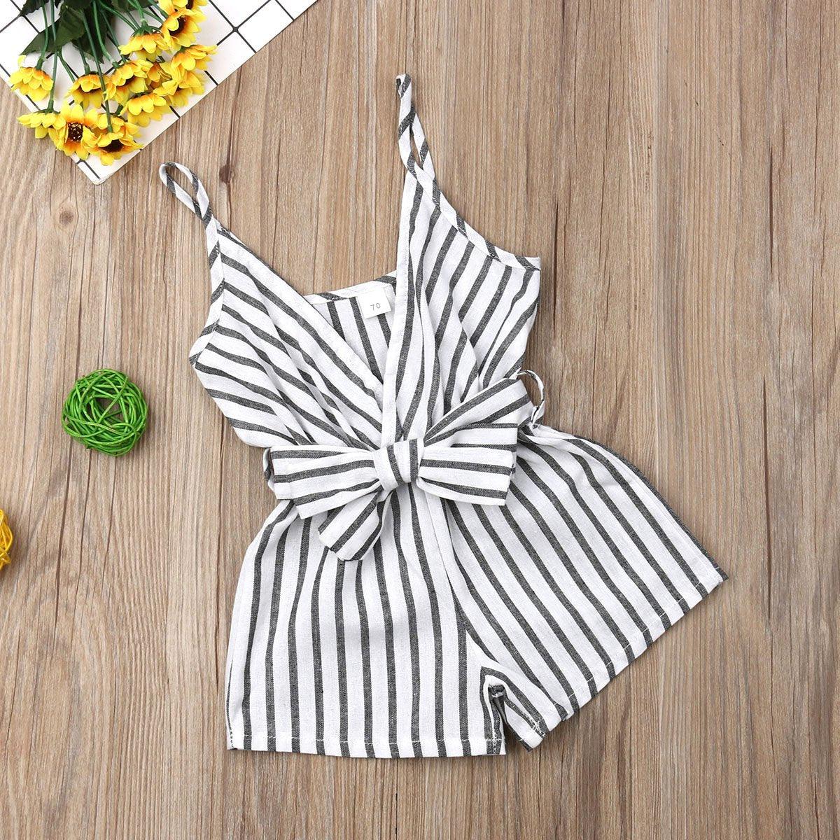 Barboteuse élégante moderne sans manches à rayures avec nœud et bretelles pour nouveau-né fille, tenue une pièce pour filles