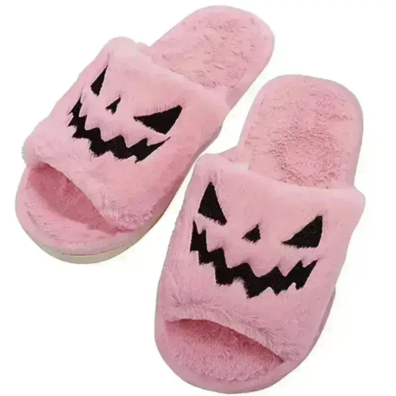 Pantoufles douces et moelleuses en forme de citrouille d'Halloween, confortables, à bout ouvert, pour femmes.