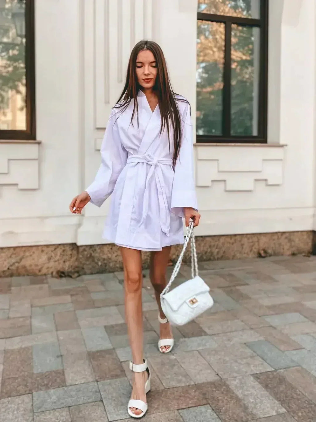 Cardigan Kimono Col V Femme, Robe Courte en Coton et Lin à Manches Longues, avec Ceinture, Style Robe de Chambre, Lacets, Été, Ample, Vestidos