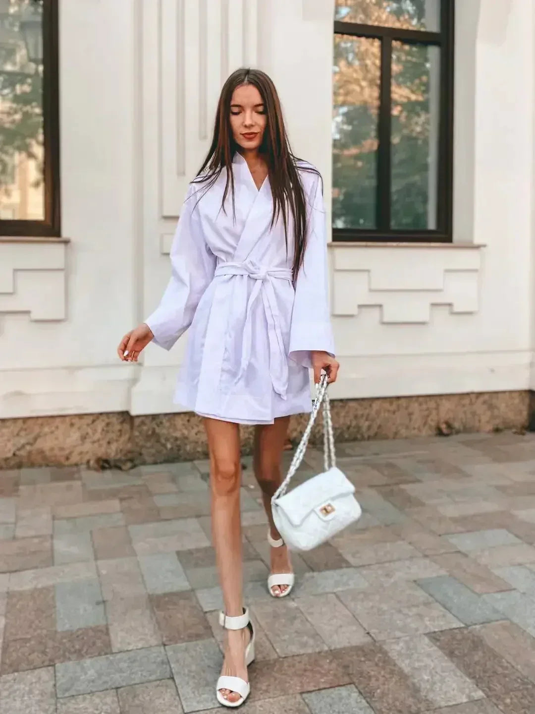 Cardigan Kimono Col V Femme, Robe Courte en Coton et Lin à Manches Longues, avec Ceinture, Style Robe de Chambre, Lacets, Été, Ample, Vestidos
