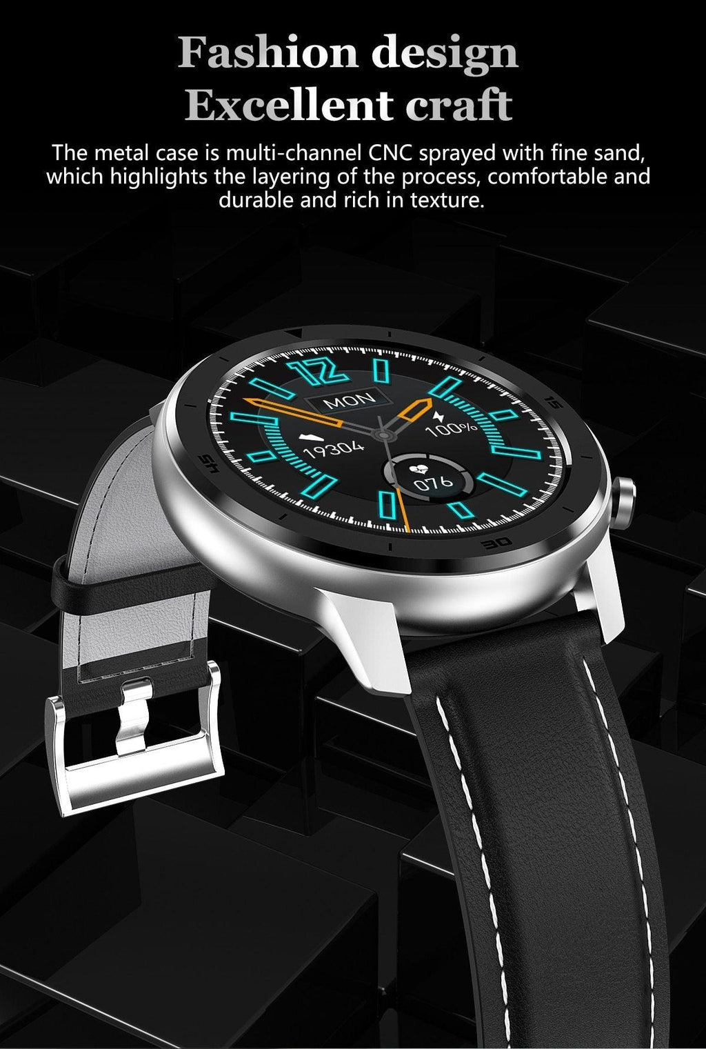 Montre connectée ronde moderne à écran tactile pour hommes, style business de luxe, avec protection étanche IP68 et moniteur de fréquence cardiaque et de tension artérielle, autonomie de 5 jours