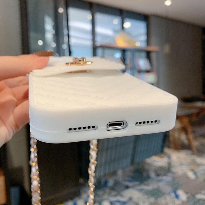 Étui de luxe portefeuille pour téléphone iPhone 14 13 12 MINI 11 Pro XR XS Max 6 7 8 Plus, coque en silicone avec pochette pour cartes, sangle et chaîne bandoulière, porte-cartes, fente, sac à main, dragonne de protection