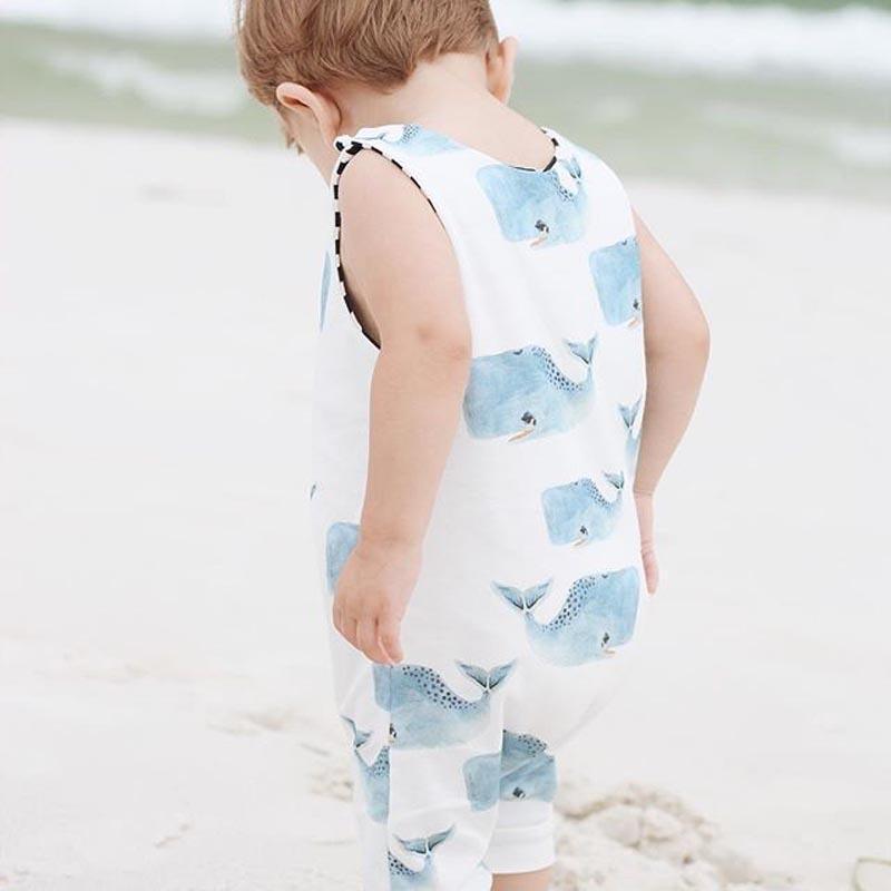 Grenouillère sans manches imprimé baleines pour bébés garçons, tenue de soleil d'été, barboteuse salopette combishort