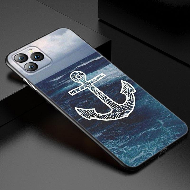 Coque de téléphone à roue de bateau ancre pour iPhone 13 12 Mini 11 Pro XS Max XR X 8 7 6S 6 Plus 5S 5 SE 2020 Housse noire Coque arrière rigide d'ancre personnalisée