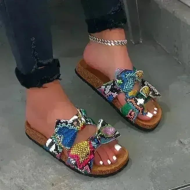 Mules pour femmes à 2 brides, imprimé serpent, avec nœud