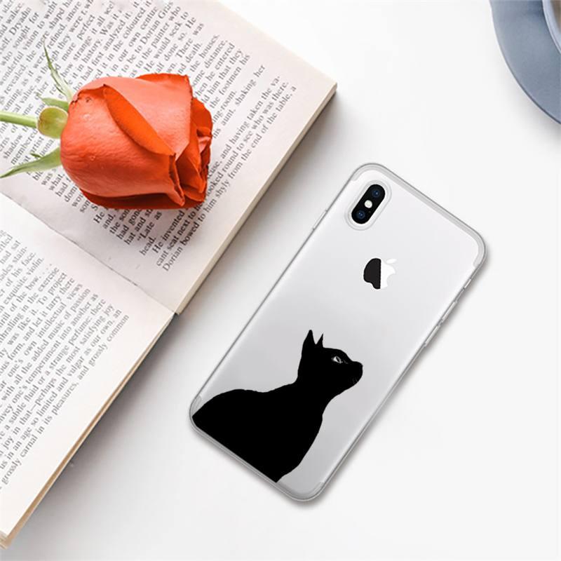 Coque de téléphone mignon chat noir pour iPhone 13 11 12 Pro XS MAX 8 7 6 6S Plus X 5S SE 2020 XR – Étui de téléphone antichoc souple, brillant et élégant avec un chat mignon