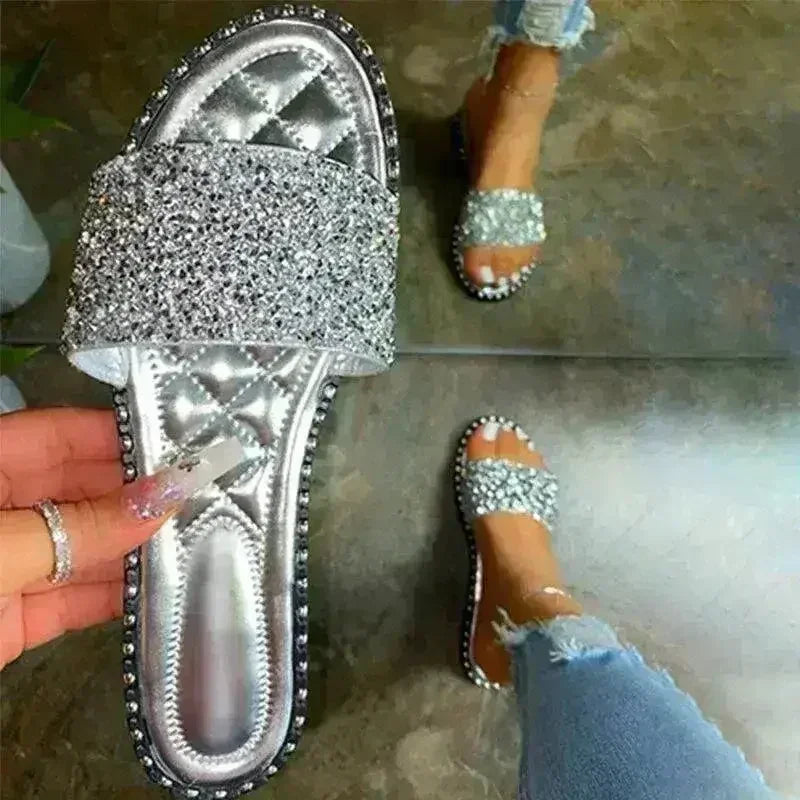 Crystal Chaussons Femme Bling Bling Sandales Plates Chaussures de Plage Été