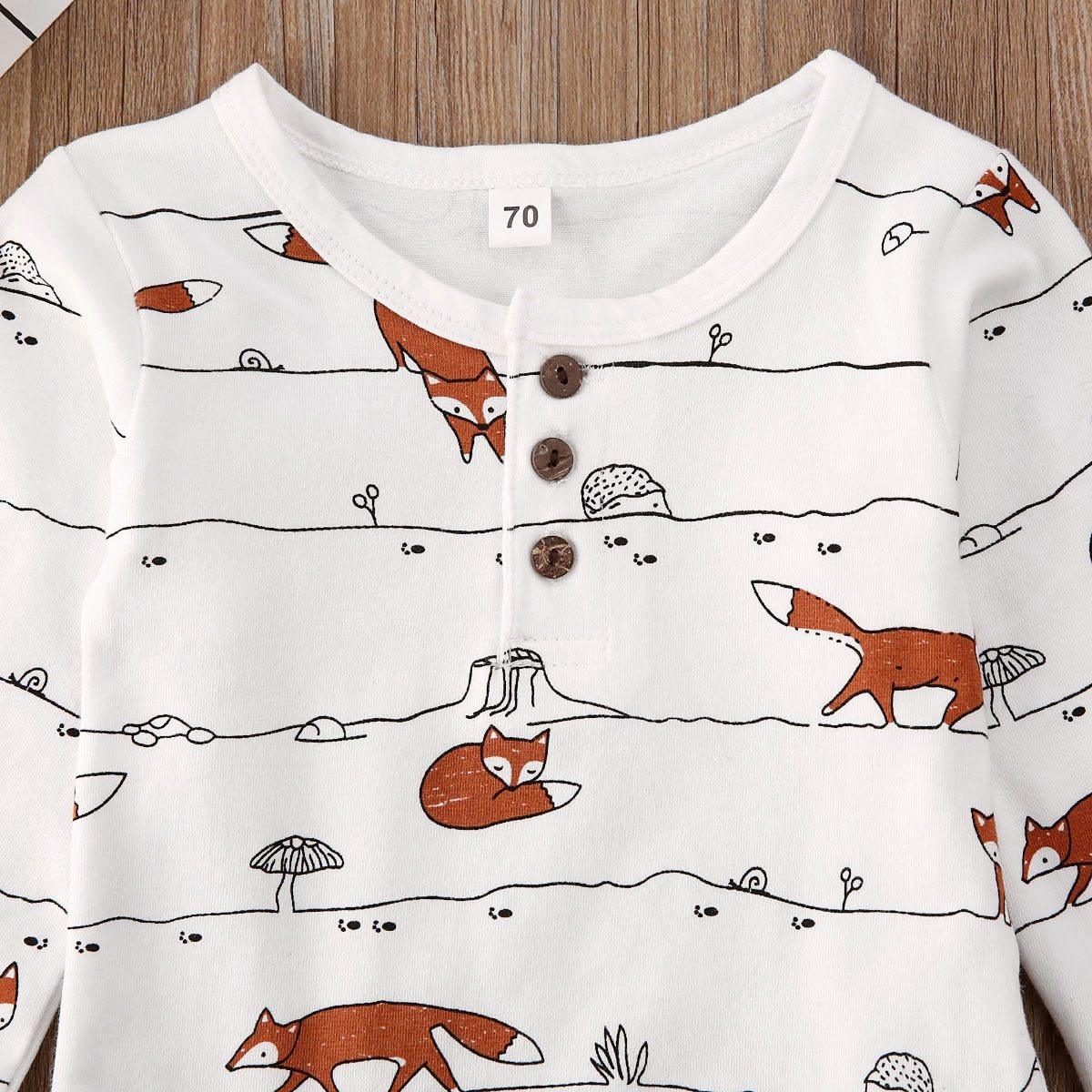 Tenues d'automne de luxe modernes pour bébés garçons et filles - Hauts, barboteuse et pantalon long imprimé renard