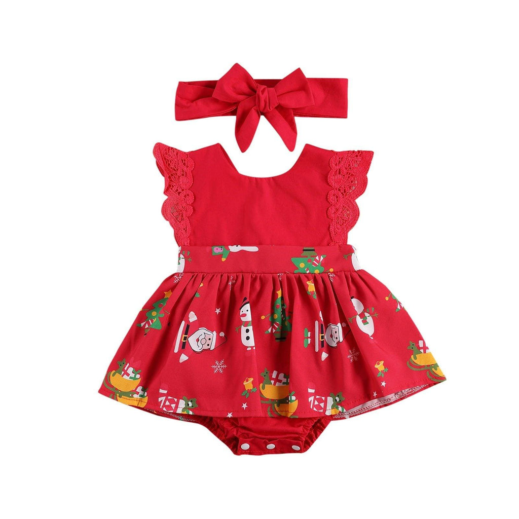 Bébé Filles Combinaisons Robe Dentelle Volants Manches Courtes Imprimé Dessin Animé Barboteuses Bandeau