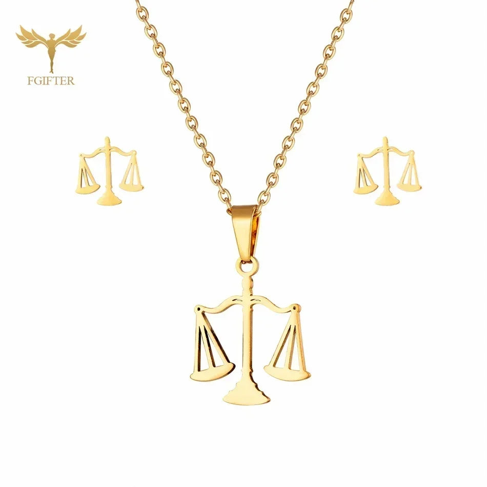 Ensemble collier pendentif boucles d'oreilles Balance en acier inoxydable Accessoires Femme Déesse de la Justice Symbole de l'Équité Bijoux Femme