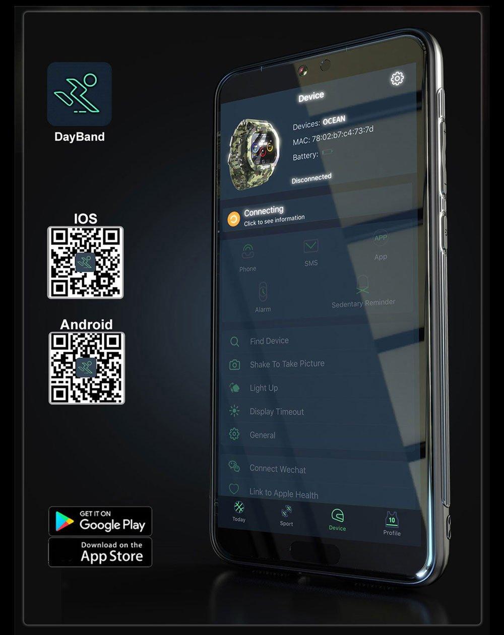 Montre connectée militaire Ocean Army pour hommes et femmes, pour le fitness et le sport, avec suivi de la pression artérielle, notifications de messages, moniteur de fréquence cardiaque et horloge, pour Android