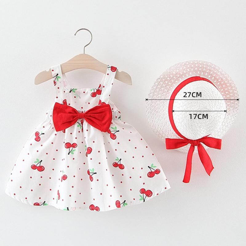 Vêtements d'été de luxe modernes pour bébé fille, Robes de princesse à pois cerise, Tenues avec chapeau à nœud pour filles