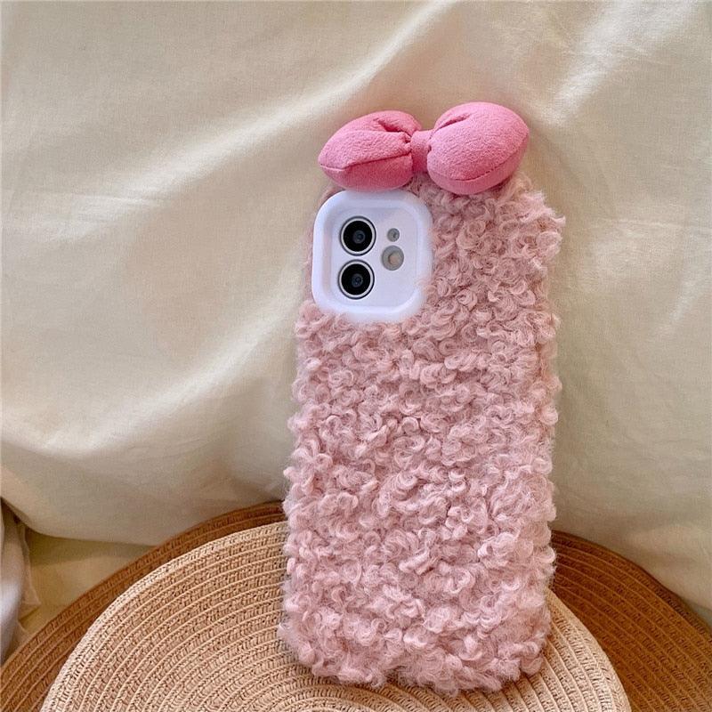 Étui Housse Douce et Chaude Pour Iphone 13 12 11 Pro Xs Max X Xr Coques Dessin Animé 3D Nœud Oreille Housse Douce et Chaude en Fourrure Pour Iphone 7plus 8plus 12pro Étui Téléphone