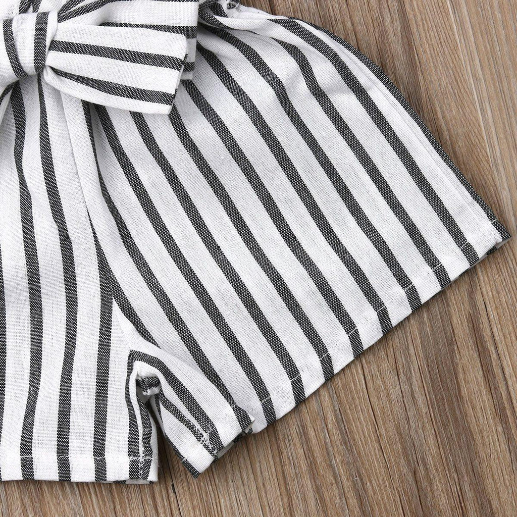 Barboteuse élégante moderne sans manches à rayures avec nœud et bretelles pour nouveau-né fille, tenue une pièce pour filles