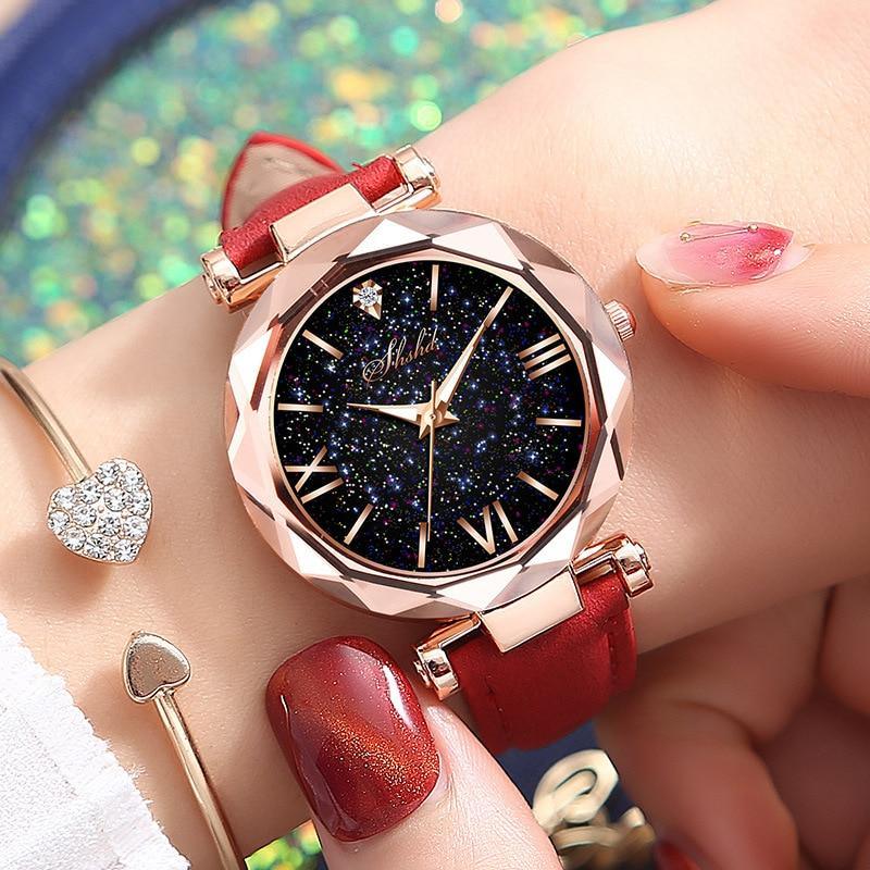 Montre décontractée en cuir pour femme, montre-bracelet à quartz, montre étoilée pour femme et fille
