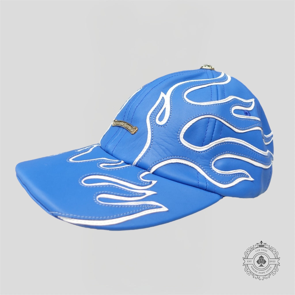 Casquette 6 panneaux Chrome Hearts en cuir, motif Flamme, couleur bleu