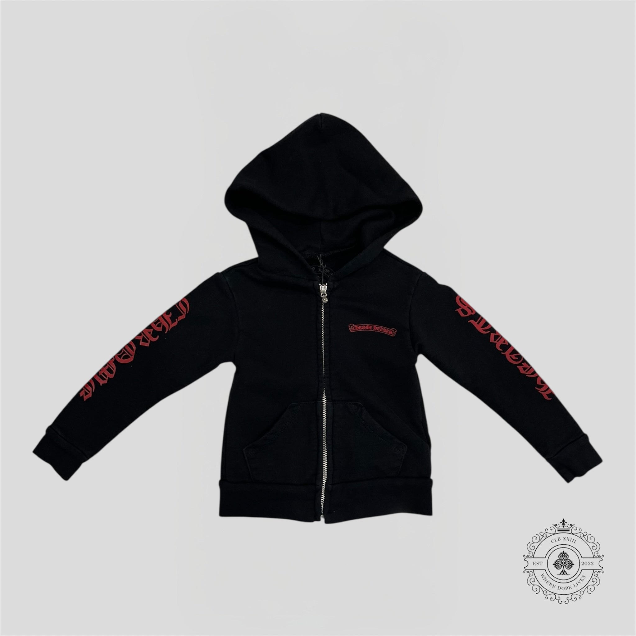 Sweat à capuche zippé enfant Chrome Hearts Scroll Logo Noir/Rouge
