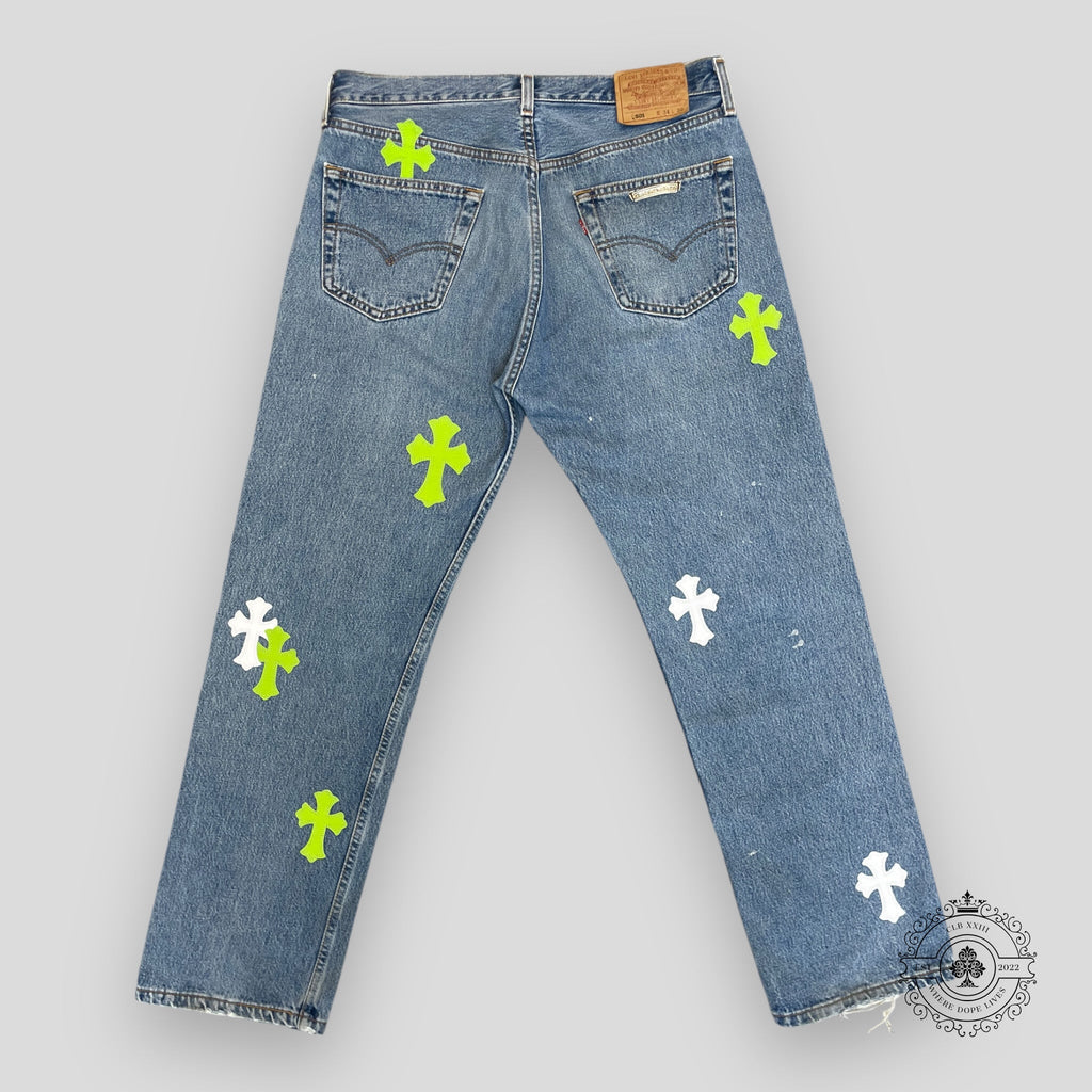 Jeans Chrome Hearts à patchs croisés Vert/Blanc