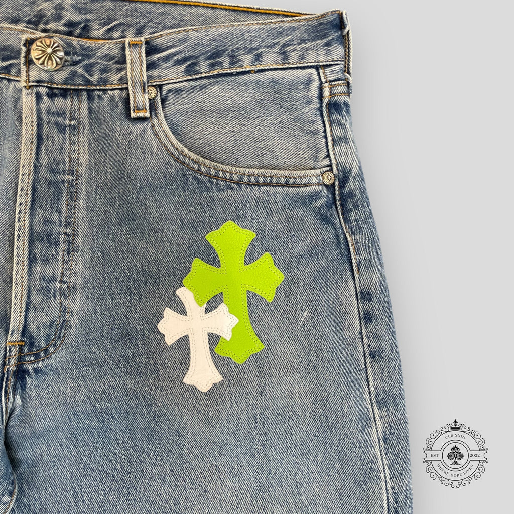 Jeans Chrome Hearts à patchs croisés Vert/Blanc