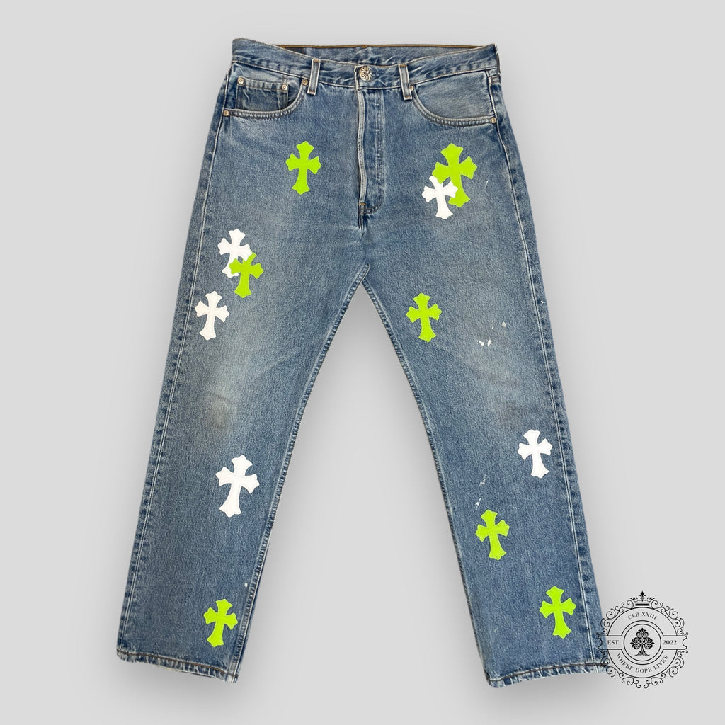 Jeans Chrome Hearts à patchs croisés Vert/Blanc