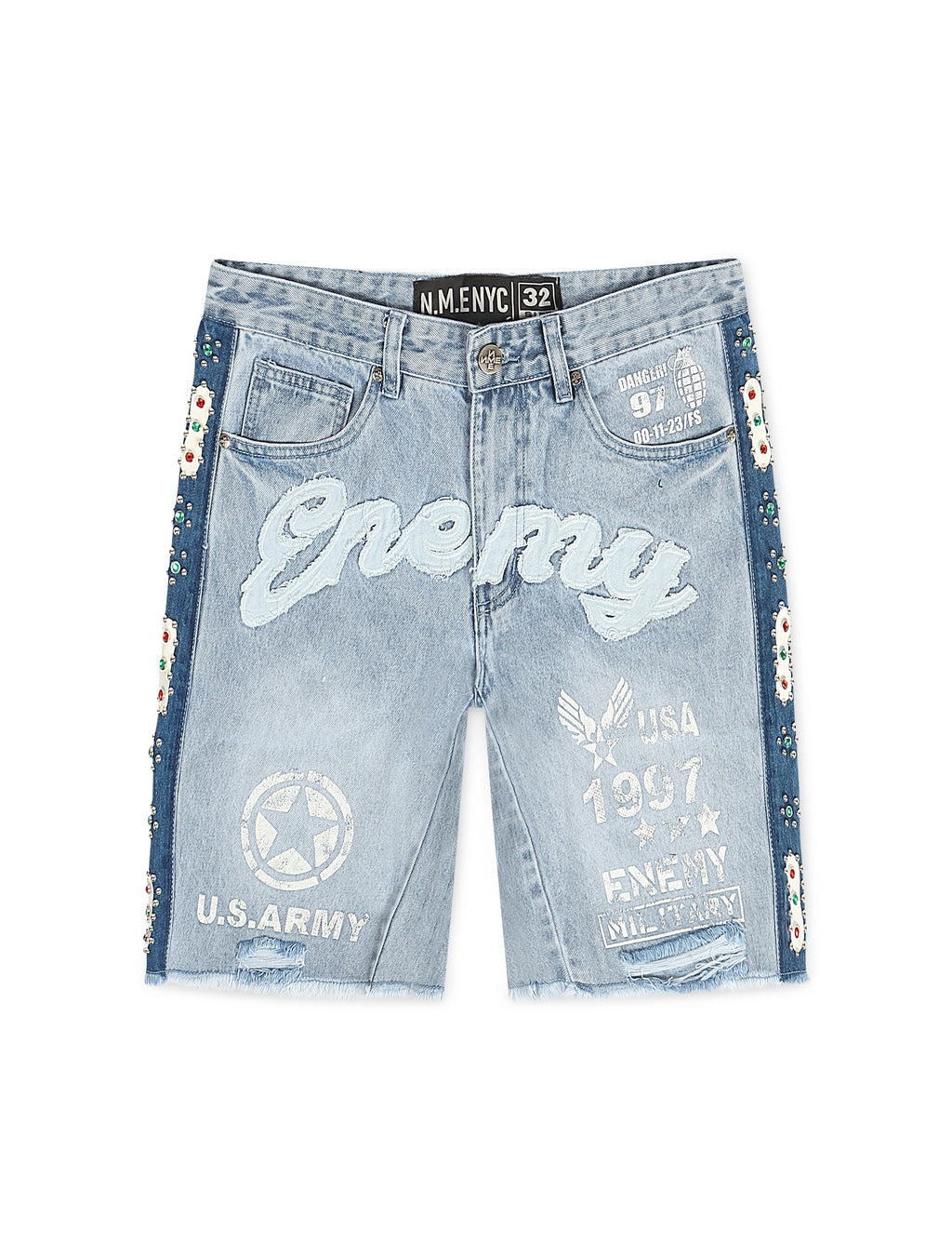 N.M.E NYC Enemy Army '97 Short en jean - Bleu délavé