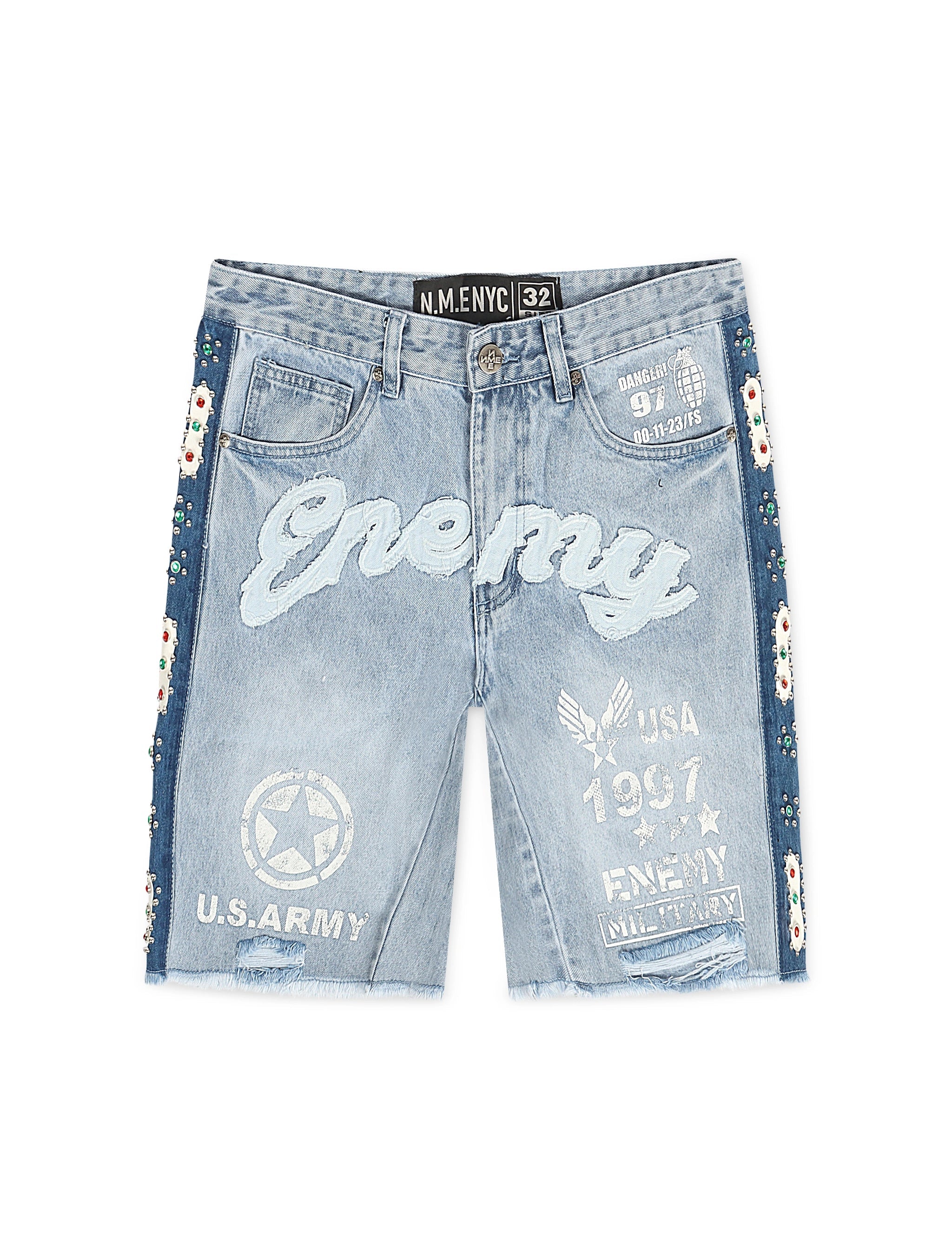 N.M.E NYC Enemy Army '97 Short en jean - Bleu délavé