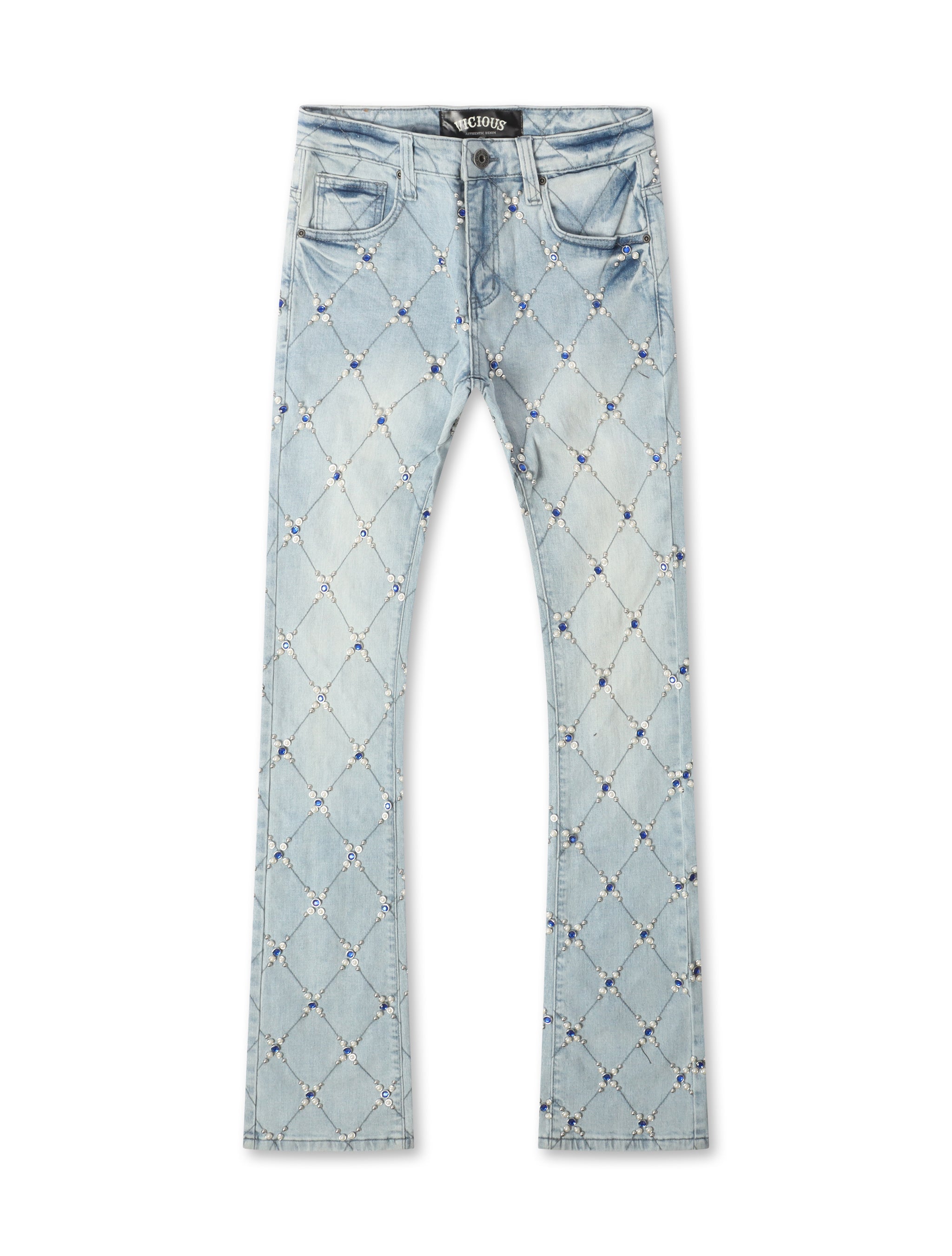 Vicious Denim Jean Stacked Strass Diamant - Bleu Clair