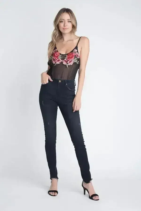 Haut transparent brodé floral pour femme