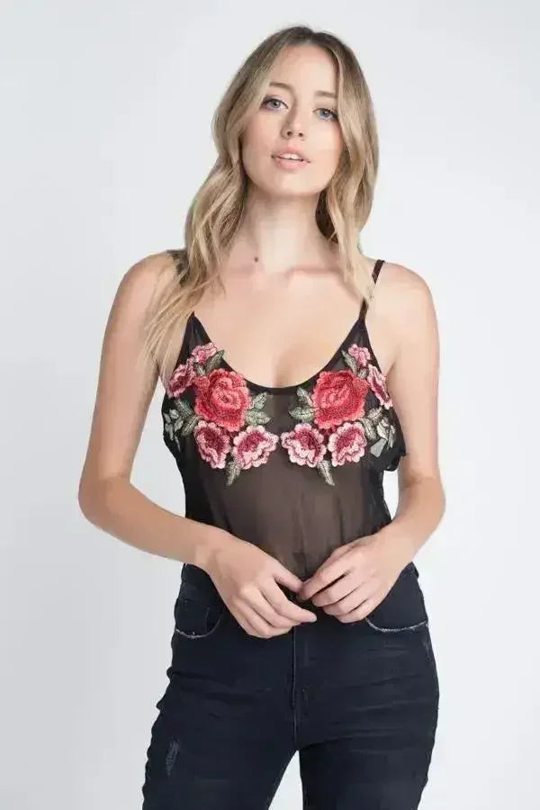 Haut transparent brodé floral pour femme