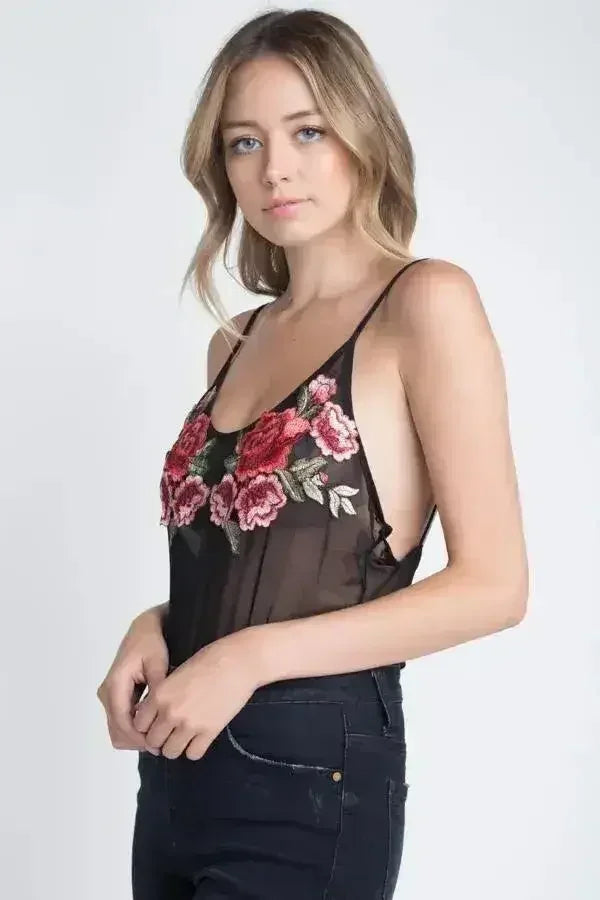 Haut transparent brodé floral pour femme