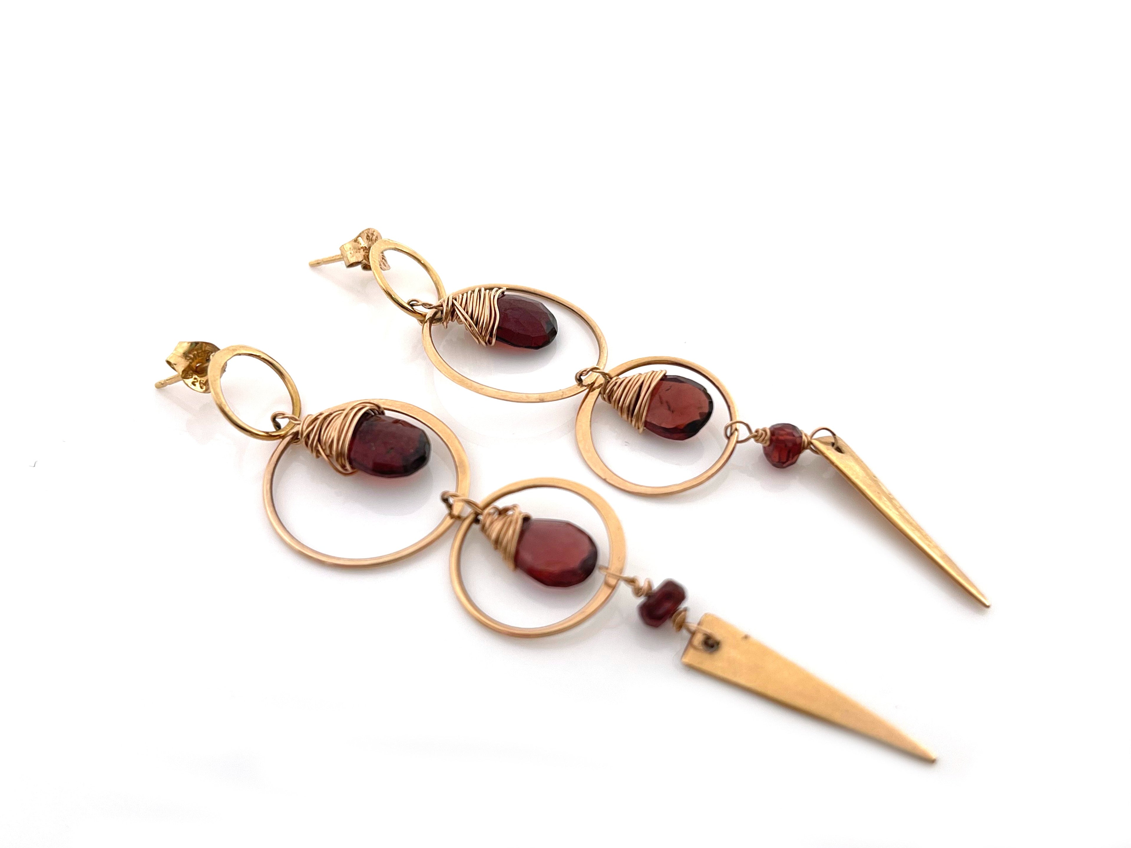 Garnet and 14k Rose Gold Filled Spike Earrings – Wire Wrapped Statement Earrings