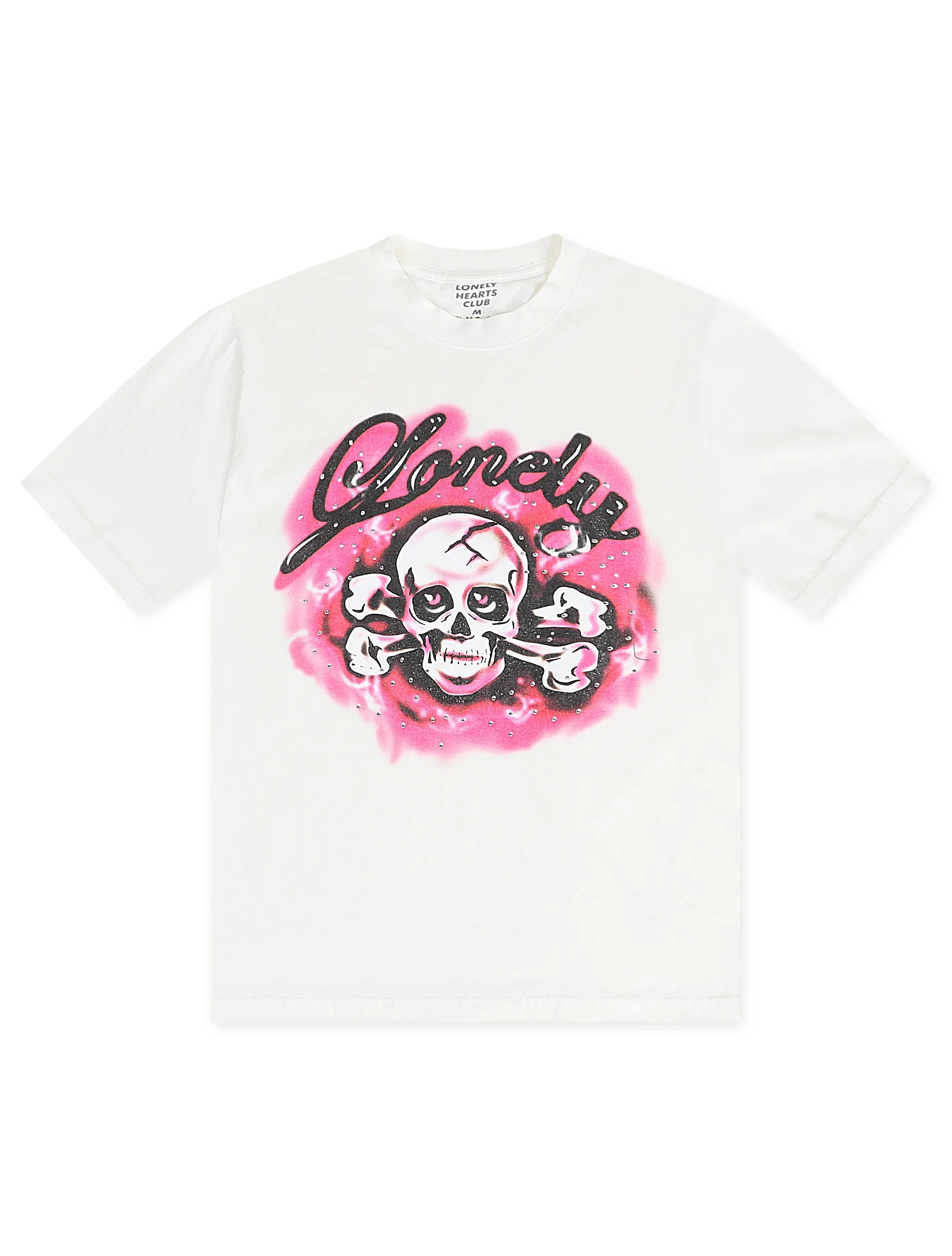 T-shirt Premium Strass Tête de Mort Cœurs Solitaires - Blanc Cassé