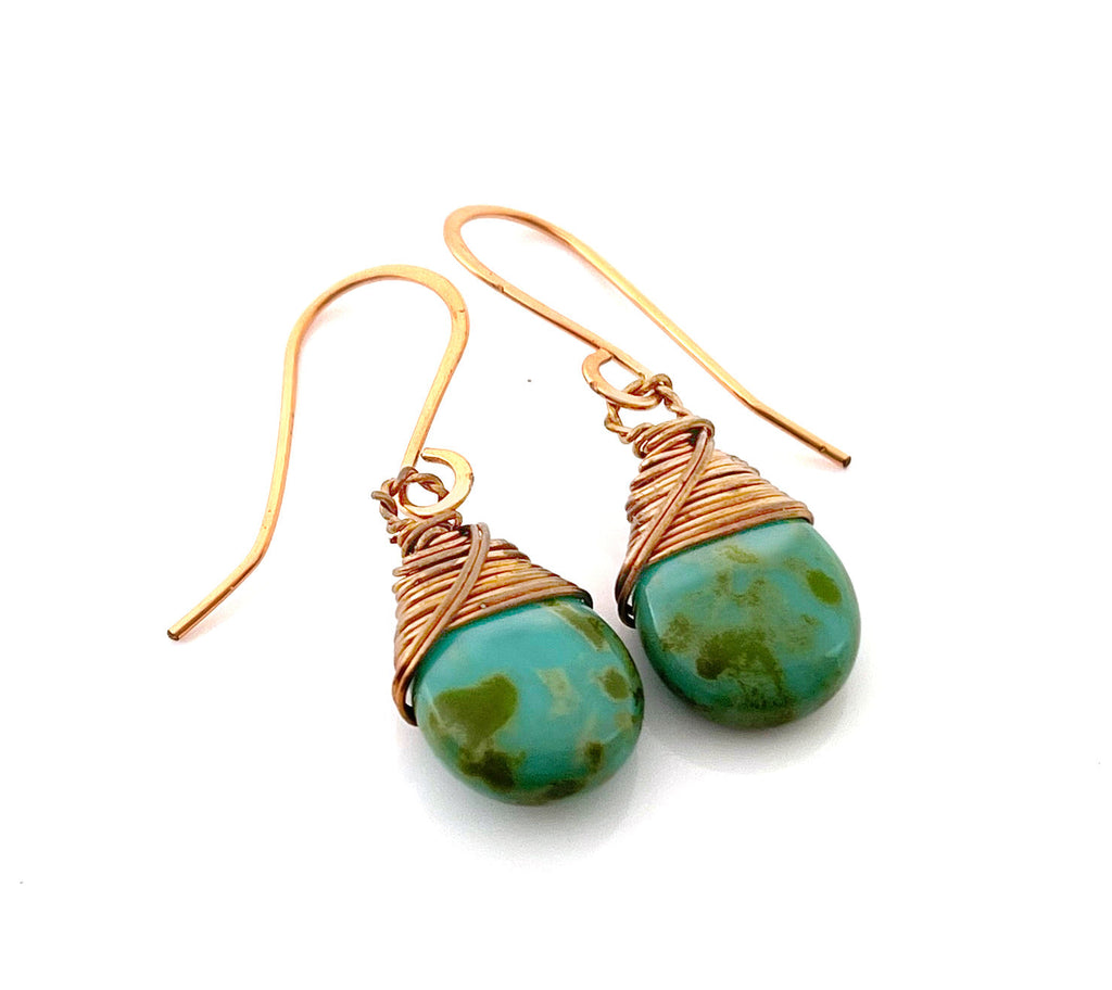 Handmade Copper Wire Wrapped Turquoise Earrings – 1.5" Czech Glass Briolettes