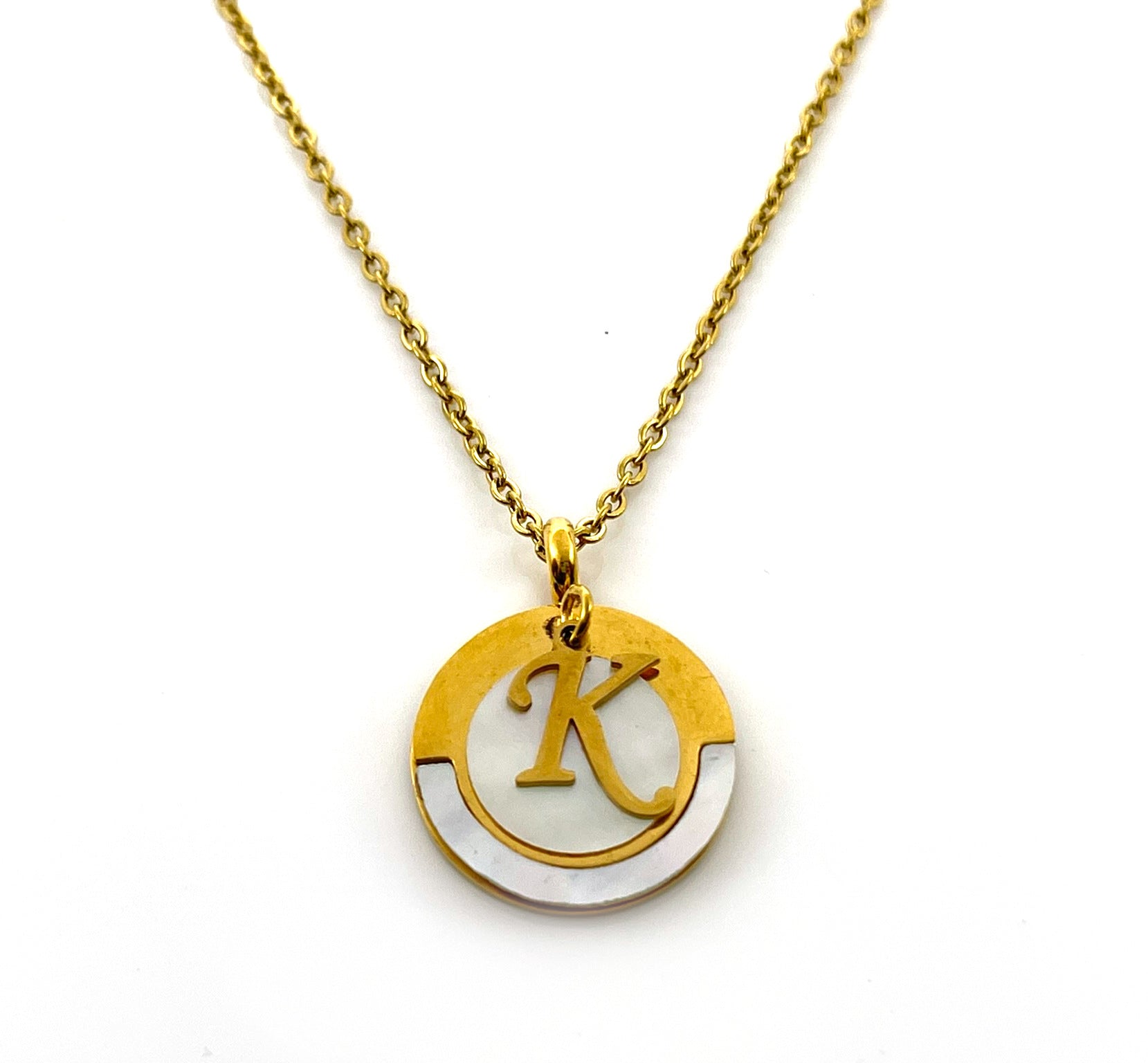 Vintage Mother of Pearl K Initial Necklace – Gold Pendant on 18" Chain
