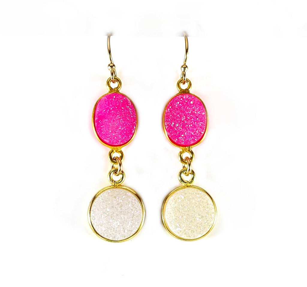 Boucles d'oreilles pendantes doubles Druzy rose vif et blanc – Or rempli 14 carats, 3,8 cm