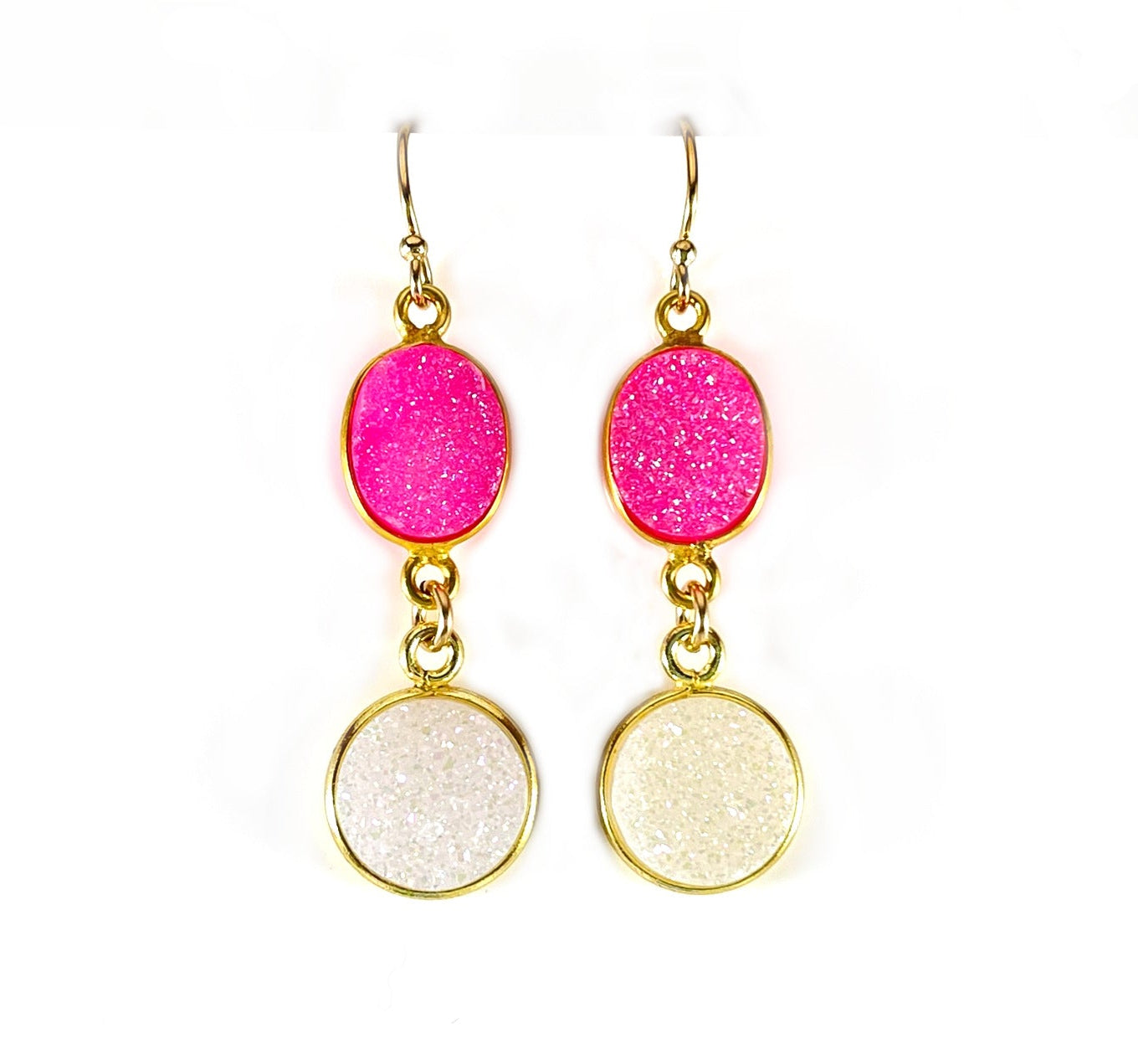 Boucles d'oreilles pendantes doubles Druzy rose vif et blanc – Or rempli 14 carats, 3,8 cm
