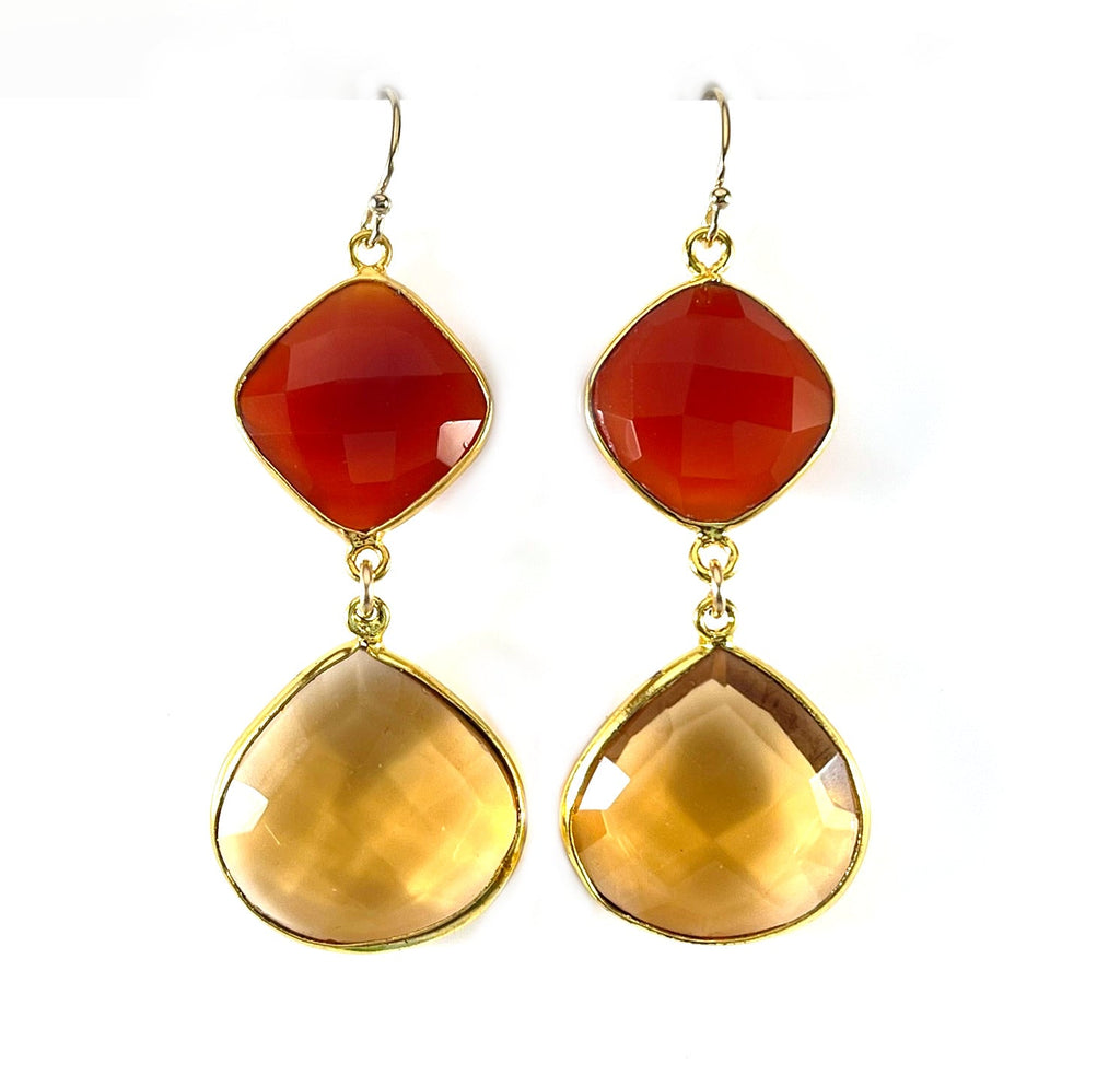 Boucles d'oreilles pendantes Cornaline et Topaze Ambre – Or rempli 14k, dégradé coucher de soleil, 5 cm