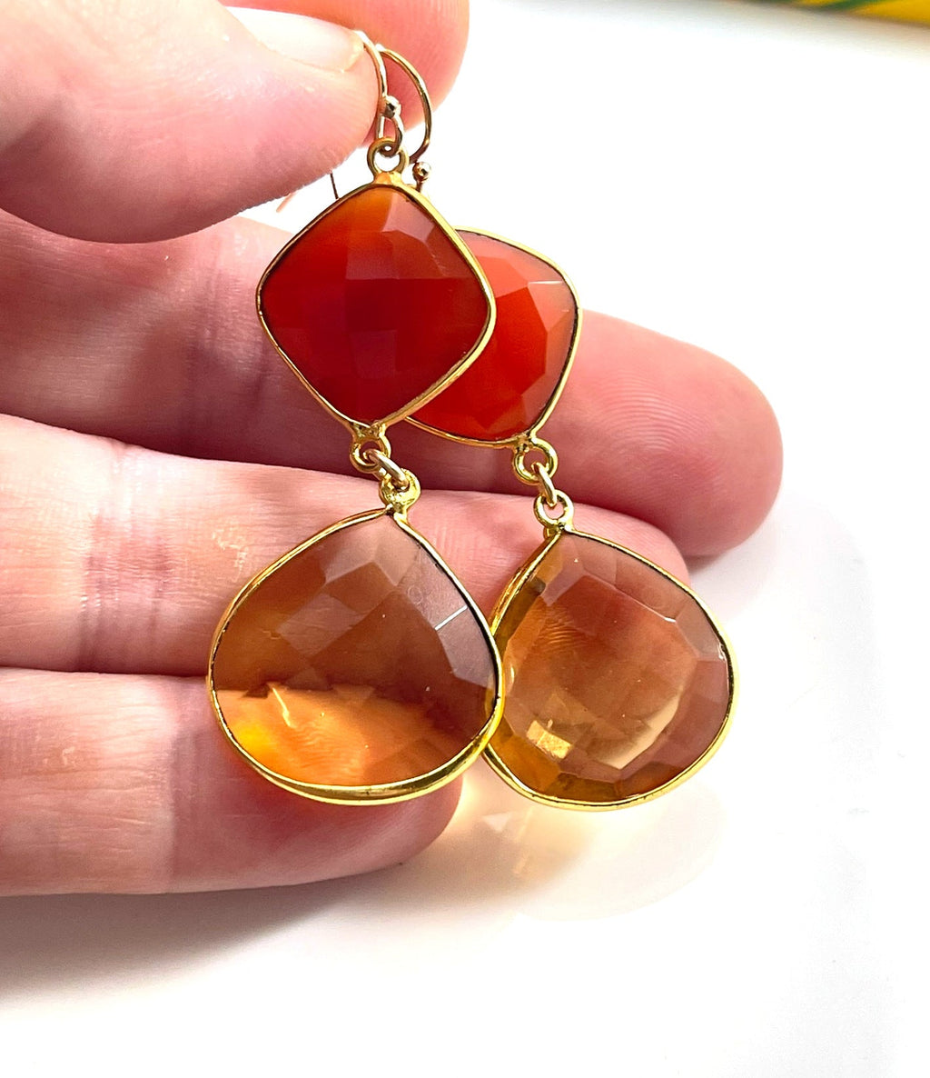 Boucles d'oreilles pendantes Cornaline et Topaze Ambre – Or rempli 14k, dégradé coucher de soleil, 5 cm