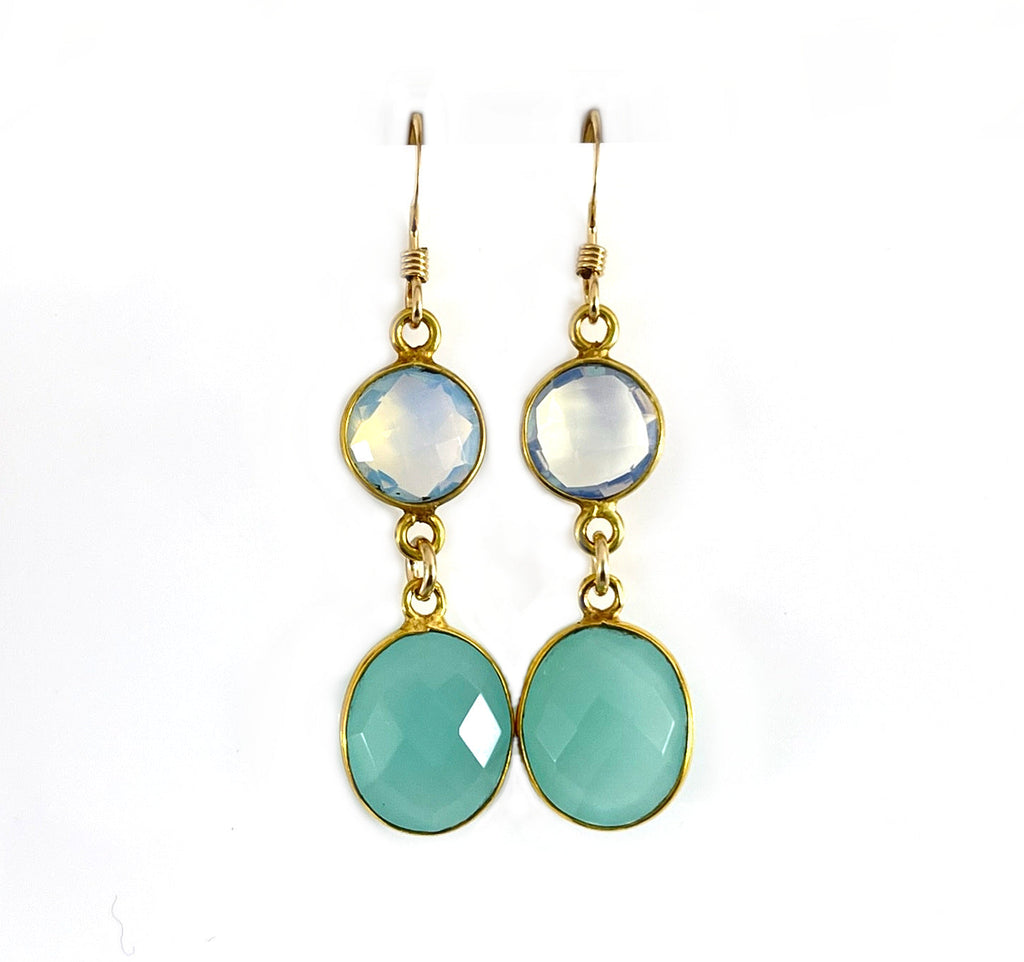 Opalite & Aqua Chalcedony Drop Earrings – 14k Gold Filled, 1.5”