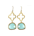 Boucles d'oreilles pendantes trèfle doré et verre aigue-marine – Crochets d'oreilles en or 14 carats laminé, 3,8 cm