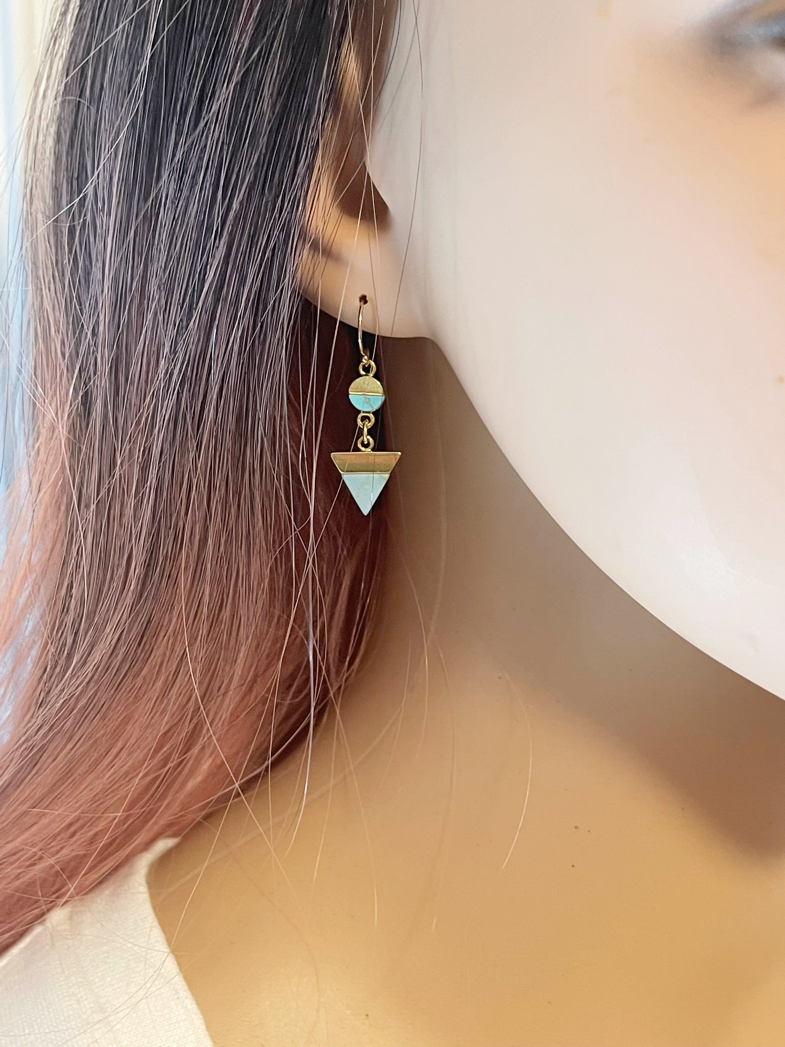 Boucles d'oreilles pendantes géométriques imitation turquoise – Plaqué or, 3,18 cm