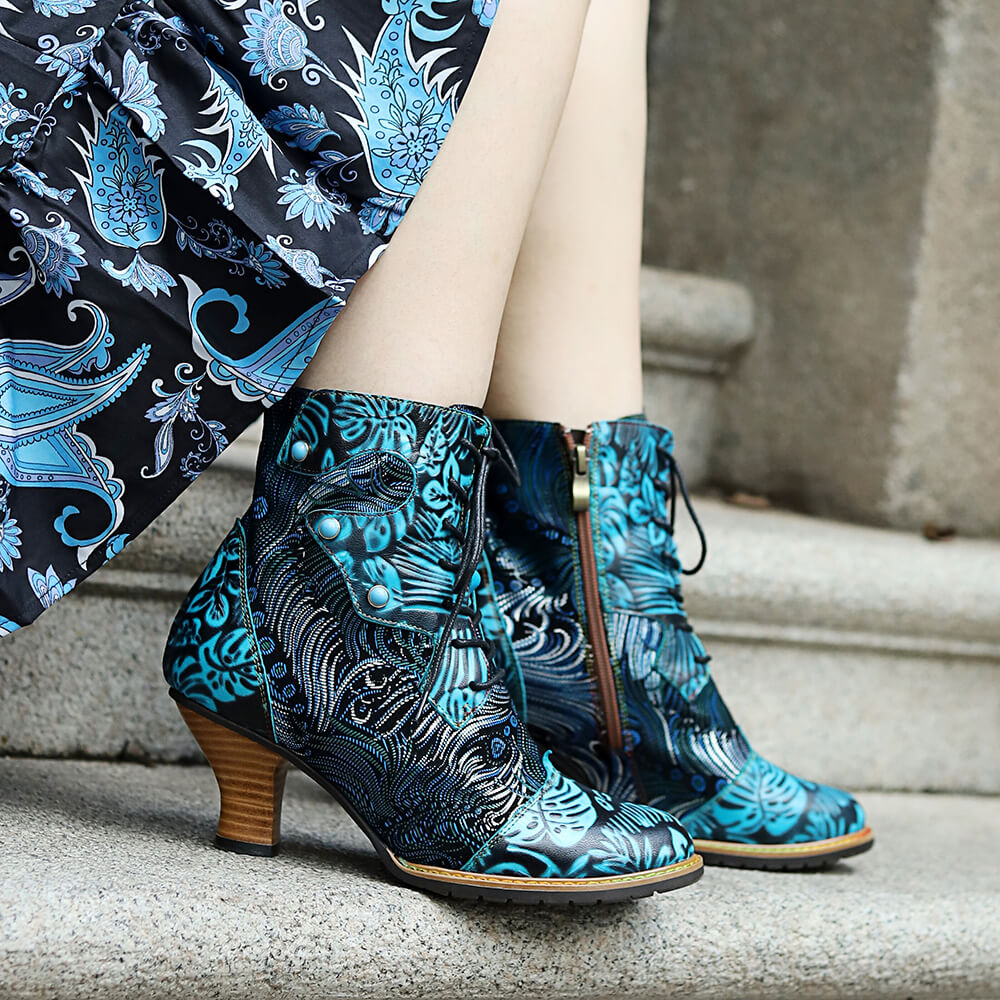 Bottines Confortables En Cuir Gaufré Bleu Et Brocart Douillet