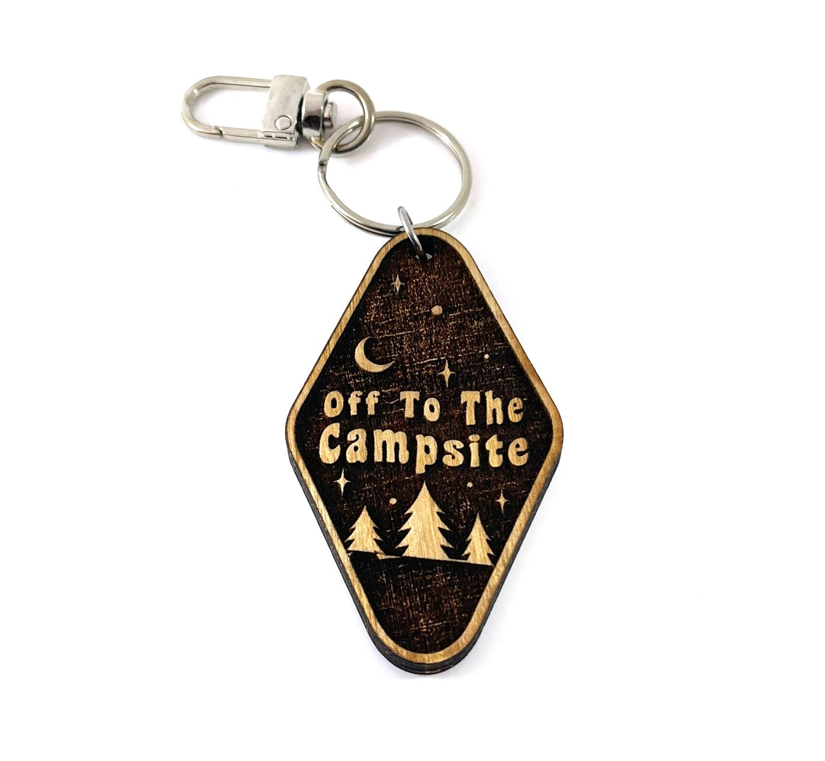 Off To The Campsite – Wooden Laser-Cut Keychain with Clip