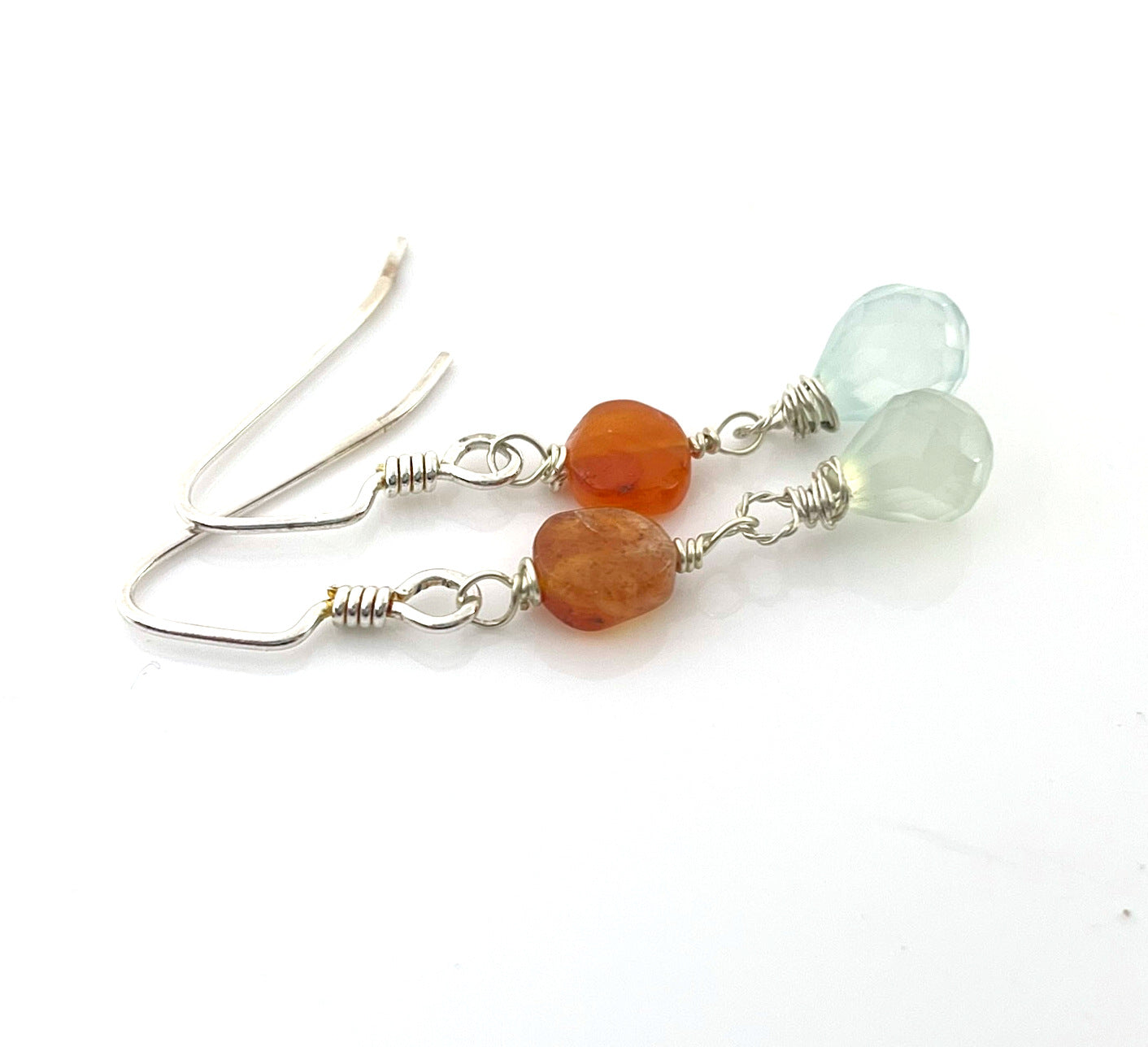 Boucles d'oreilles Aigue-marine et Cornaline – Pendantes en argent sterling serties de pierres précieuses (3,8 cm)