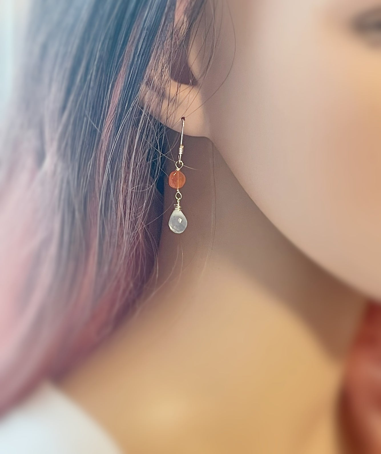 Boucles d'oreilles Aigue-marine et Cornaline – Pendantes en argent sterling serties de pierres précieuses (3,8 cm)