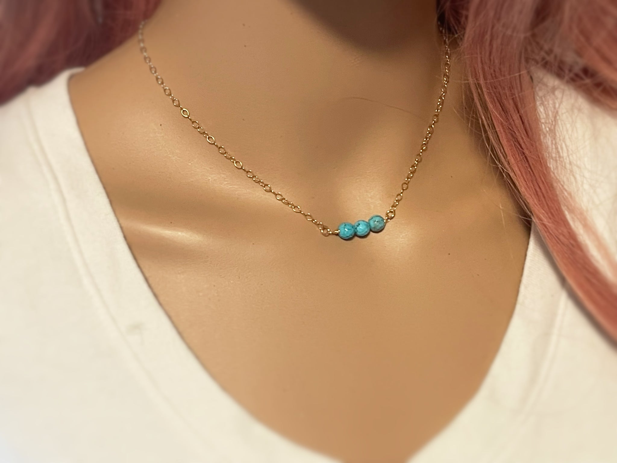 Dainty Turquoise Gemstone Choker – 14k Gold Filled, Wire Wrapped Beads, 16.5" Handmade Necklace