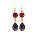 Boucles d'oreilles pendantes Rubis et Améthyste teints – Serties d'or rempli 14 carats – Fabriquées à la main à Raleigh NC – Bijoux de 3,8 cm livrés dans un écrin